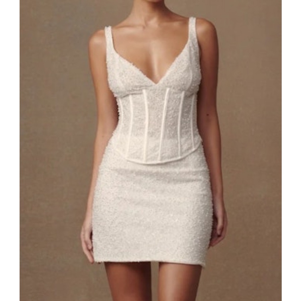 Meshki Pearl Beaded Bustier + Skirt Set